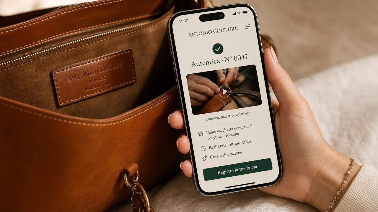 Una mano avvicina lo smartphone all’etichetta NFC cucita all’interno della borsa