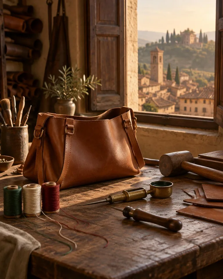 Banco di lavoro in un atelier italiano: pelle al naturale, strumenti in ottone e filo incerato, con i tetti in terracotta e i cipressi oltre la finestra