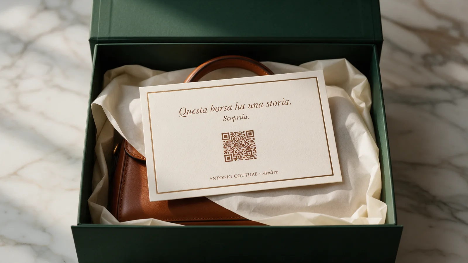 Card con codice QR adagiata nella scatola di una borsa artigianale in pelle