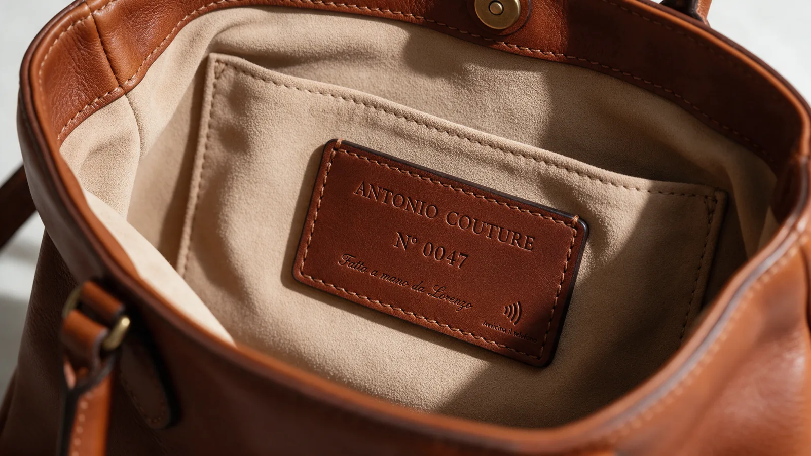 Etichetta in pelle numerata con simbolo NFC e impunture, cucita nella fodera di una borsa